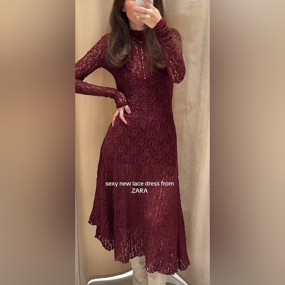 ZARA Burgundy Lace Asymmetrical Hem Midi Dress M NWT Boudoir Dark Romance Whimsy - Picture 11 of 16